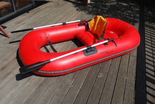 WATER STRIDER RAFT KICKBOAT. Complete with 3-pc. Oars, Inflatable Back Rest, Kickboat Fins, Foot Model Pump, Ruled Stripping Apron, Patch Kit, Backpack to carry Raft, Expedition Bag, Electric Inflator. SOLD